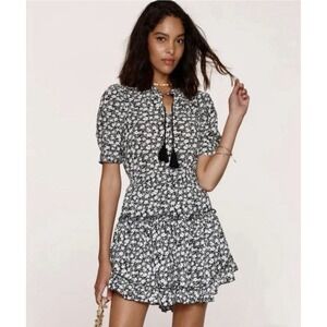 Heartloom Mariel Mini Dress Black White Floral Print Elastic Waist Ruffle Size M